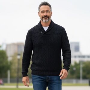 B20 Men’s Pull & Bear Brand Heavy Cable Knit Shawl Collar Wool Blend Sweater XL